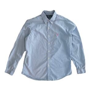 Ralph Lauren Long Sleeve Button Up Polo Shirt Blue Gingham Pink Pony Logo Size L